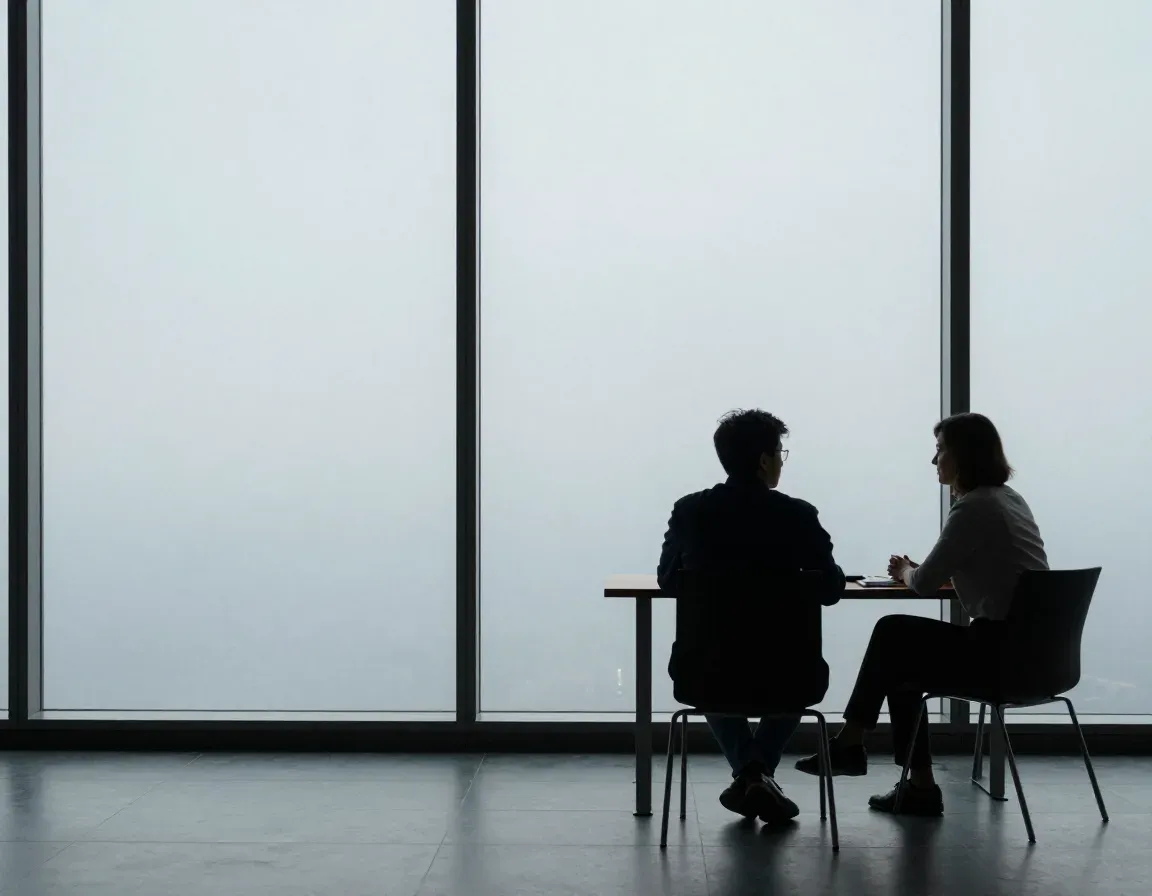 Due persone sedute a un tavolo davanti a una grande vetrata, in conversazione