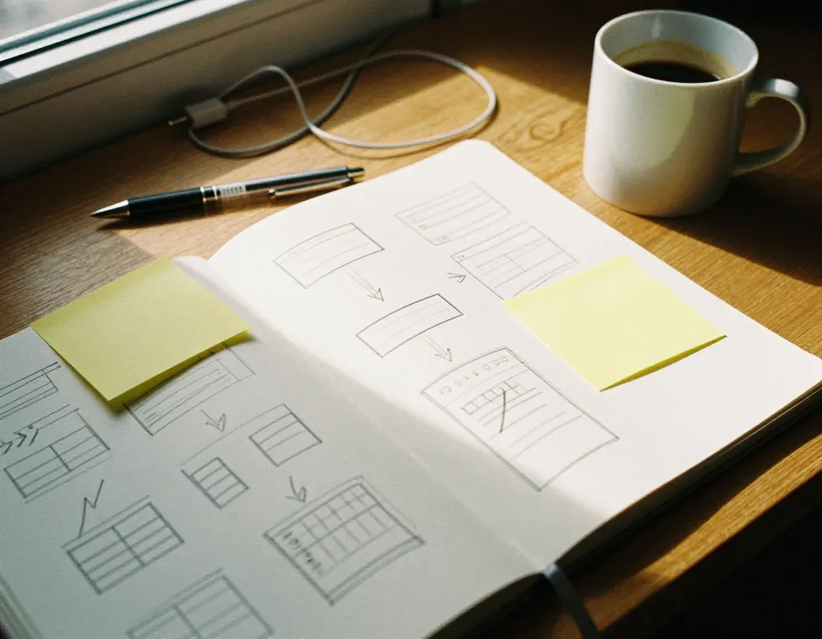 Un taccuino aperto con schemi di interfaccia disegnati a matita, accanto una tazza di caffè