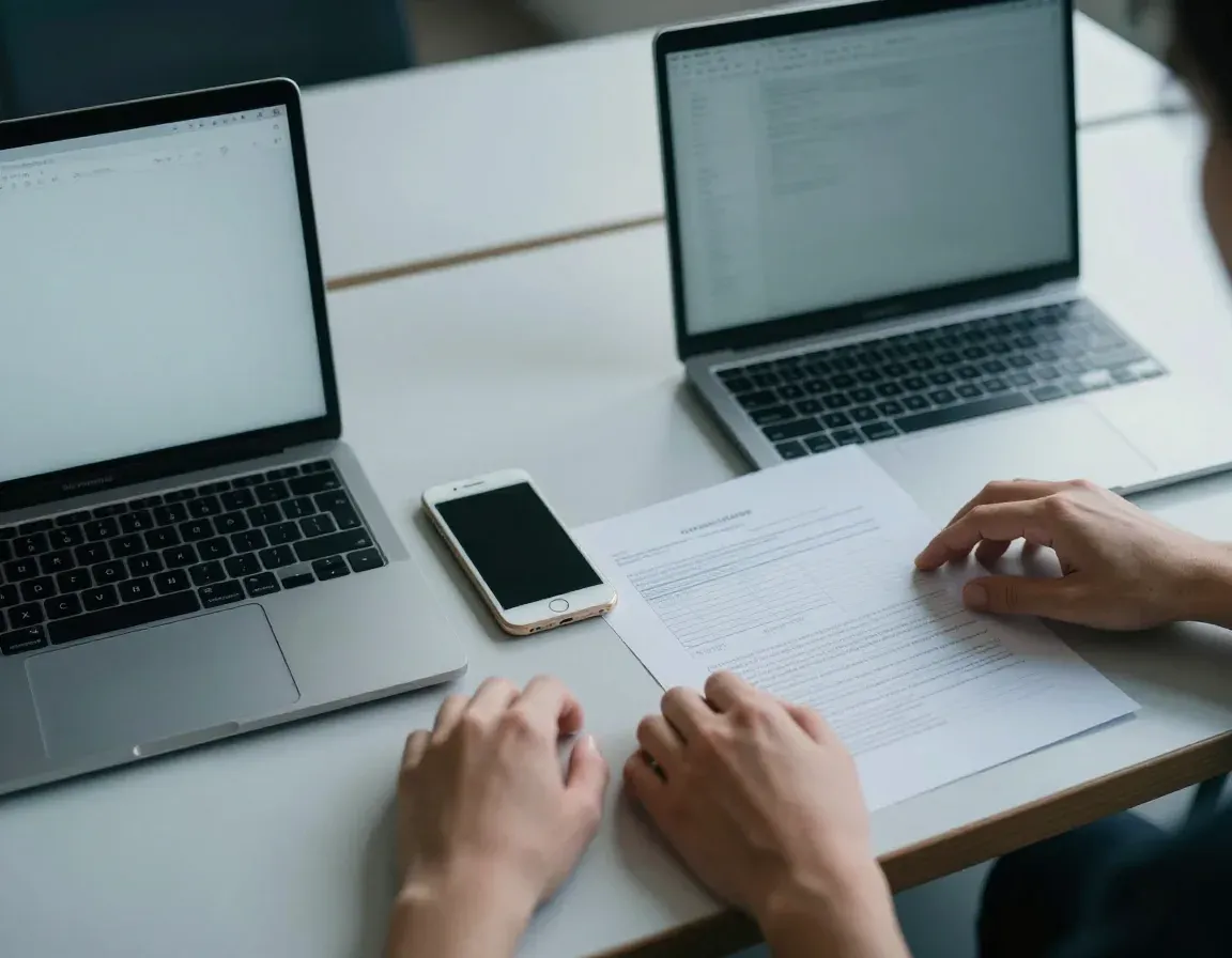 Un banco di lavoro con portatile, telefono e fogli stampati